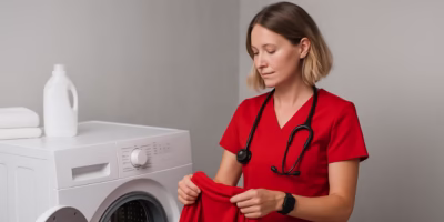 Asistentă medicală în uniformă roșie, spălând hainele la mașina de spălat, pentru o igienă impecabilă a uniformei medicale
