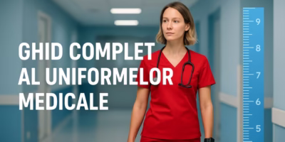 Asistentă medicală în uniformă roșie, stând pe un coridor de spital, lângă o riglă de măsurat, cu textul Ghid Complet al Uniformelor Medicale