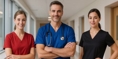 Trei profesioniști medicali, un medic și două asistente, poartă uniforme medicale moderne în culori roșu, albastru și negru, într-un spital. Uniformele sunt din materiale de calitate, bumbac, poliester și stretch.